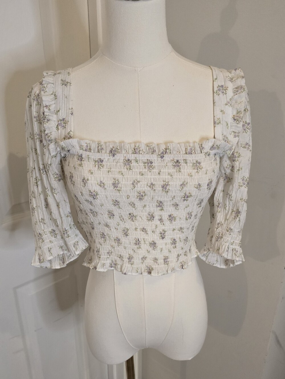 White Floral Smocked Square-Neck Top